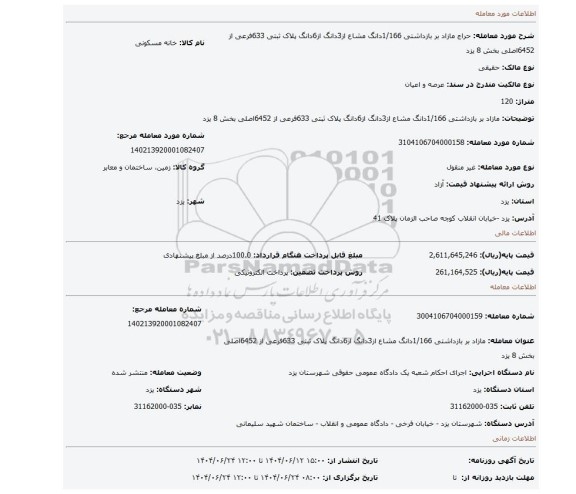 مزایده، مازاد بر بازداشتی 1/166دانگ مشاع از3دانگ از6دانگ پلاک ثبتی 633فرعی از 6452اصلی بخش 8 یزد