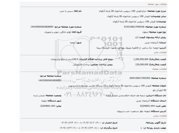 مزایده، فروش 100 سرویس غذاخوری 26 پارچه آرکوپال