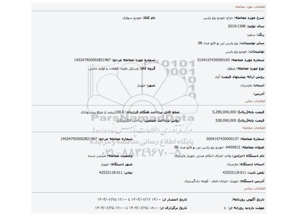 مزایده، خودرو پژو پارس