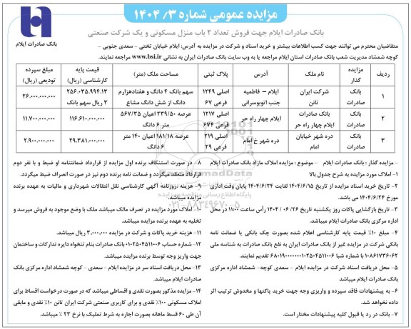 مزایده فروش تعداد 2 باب منزل مسکونی و یک شرکت صنعتی