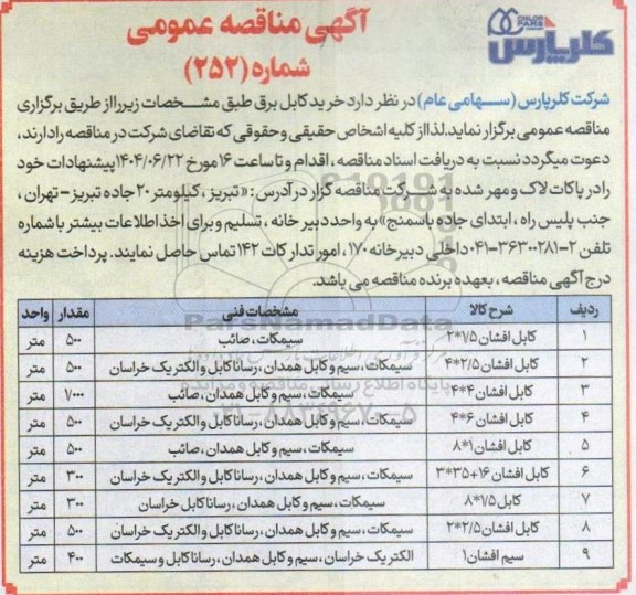 مناقصه کابل افشان 2*1.5...