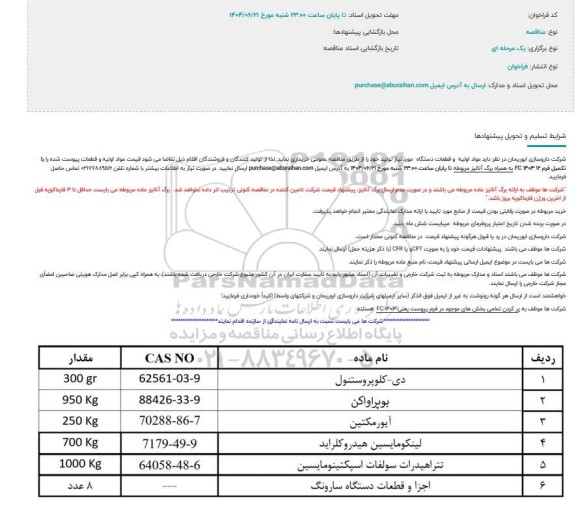مناقصه مواد اولیه و قطعات دستگاه