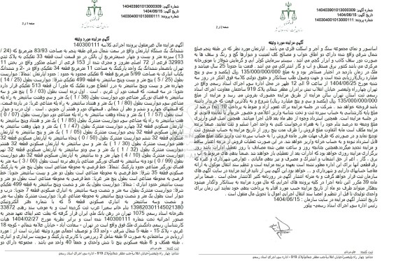 مزایده فروش ششدانگ یک دستگاه آپارتمان 