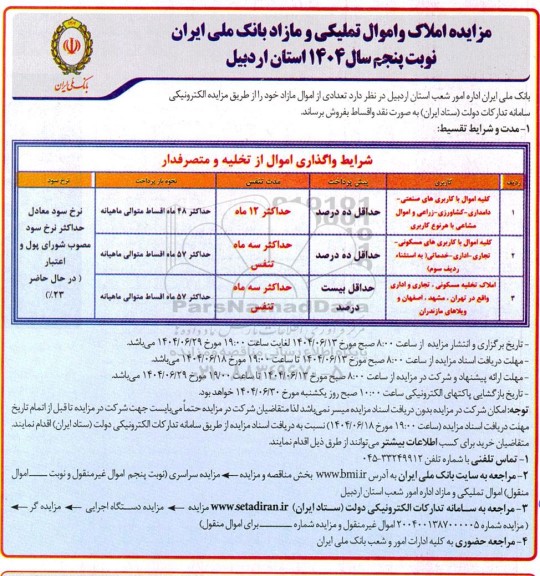 مزایده املاک و اموال تملیکی و مازاد بانک ملی - نوبت پنجم