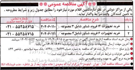 مناقصه خرید تجهیزات 14 فروند شناور....