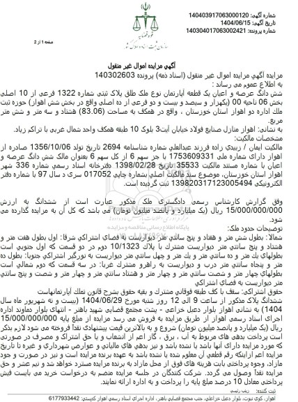مزایده فروش عرصه و اعیان یک قطعه آپارتمان پلاک ثبتی شماره 1322 فرعی از 10 اصلی 