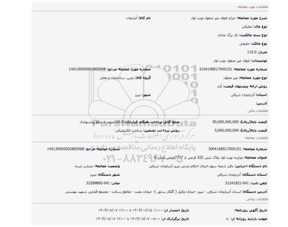 مزایده، اموال غیر منقول نوبت اول