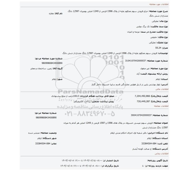 مزایده، فروش سهم محکوم علیه از پلاک 1596 فرعی از 1249 اصلی بهمیزان 1/597 دانگ مشاع از شش دانگ