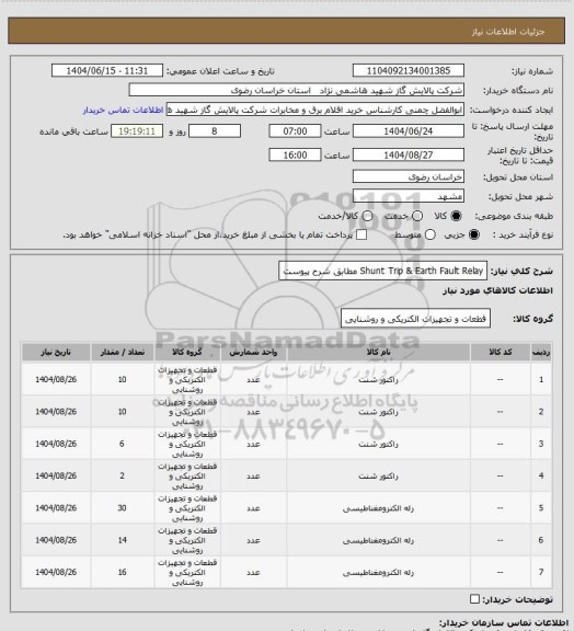 استعلام Shunt Trip & Earth Fault Relay مطابق شرح پیوست