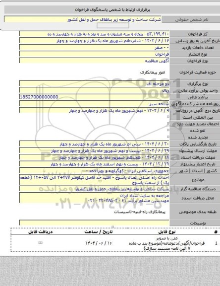 مناقصه, احداث راه اصلی اتصال یاسوج - اقلید حد فاصل کیلومتر ۲۷۷+۲  الی  ۰۵۷+۱۲ ( قطعه یک ) از سمت یاسوج