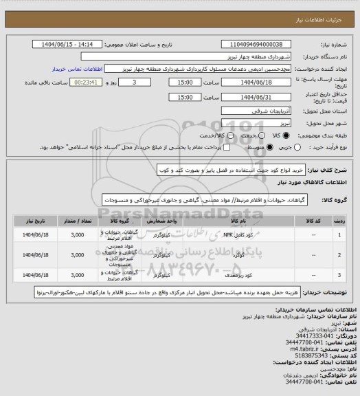 استعلام خرید انواع کود جهت استفاده در فصل پاییز و بصورت کند و کوب