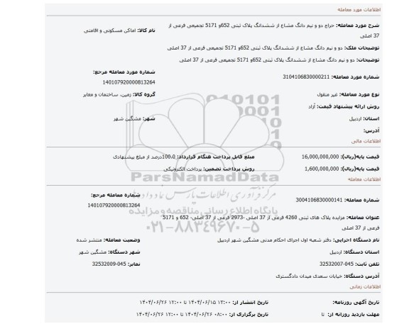 مزایده، دو و نیم دانگ مشاع از ششدانگ پلاک ثبتی 652و 5171 تجمیعی فرعی از 37 اصلی
