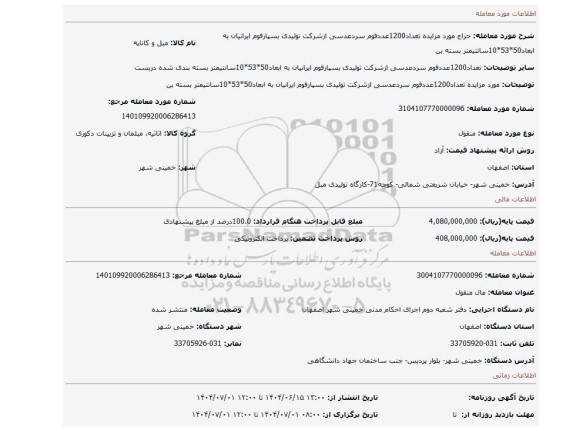 مزایده، مورد مزایده تعداد1200عددفوم سردعدسی ازشرکت تولیدی بسپارفوم ایرانیان به ابعاد50*53*10سانتیمتر بسته بن