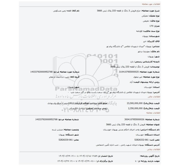 مزایده، فروش 3 دانگ از قطعه 233 پلاک ثبتی 5660