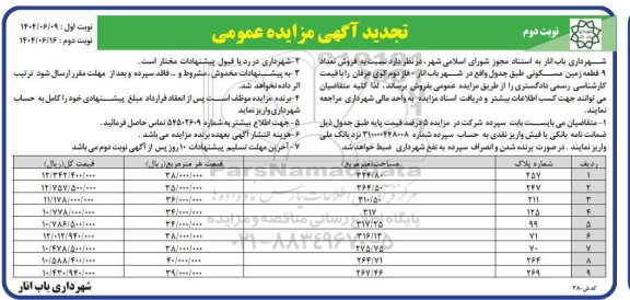 تجدید مزایده فروش تعداد 9 قطعه زمین مسکونی- نوبت دوم 