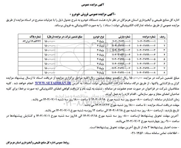 مزایده هشت دستگاه خودرو