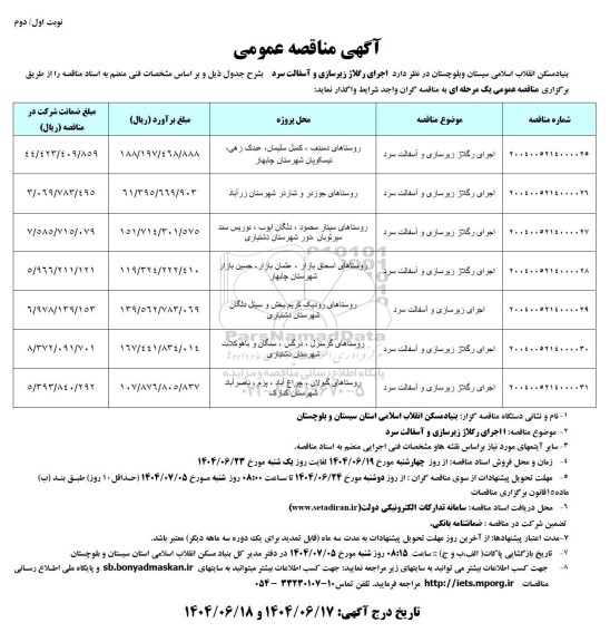 مناقصه  اجرای رگلاژ زیرسازی و آسفالت سرد 