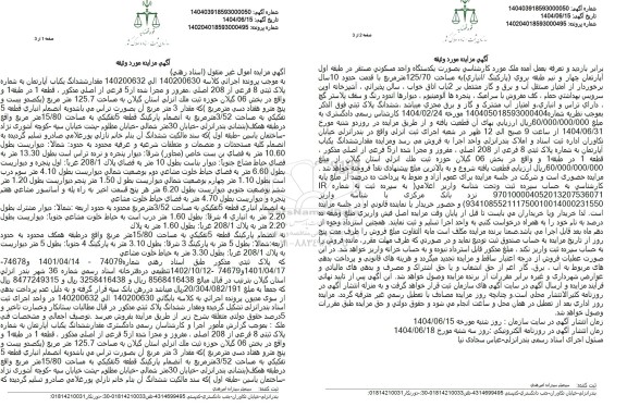 مزایده فروش مقدار ششدانگ یکباب آپارتمان به شماره پلاک ثبتی 8 فرعی از 208 اصلی 