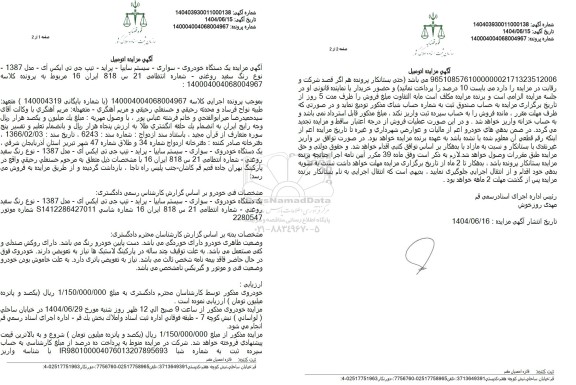 مزایده یک دستگاه خودروی سواری پراید رنگ سفید