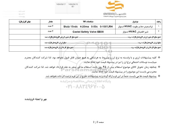 استعلام ترانسمیتر دما و رطوبت HVAC استولز...