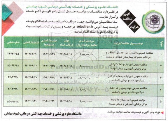 مزایده  مناقصه عمومی واگذاری امور خدماتی، نظافت و ...