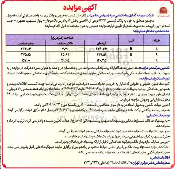 مزایده فروش و واگذاری سه واحد مسکونی آماده تحویل