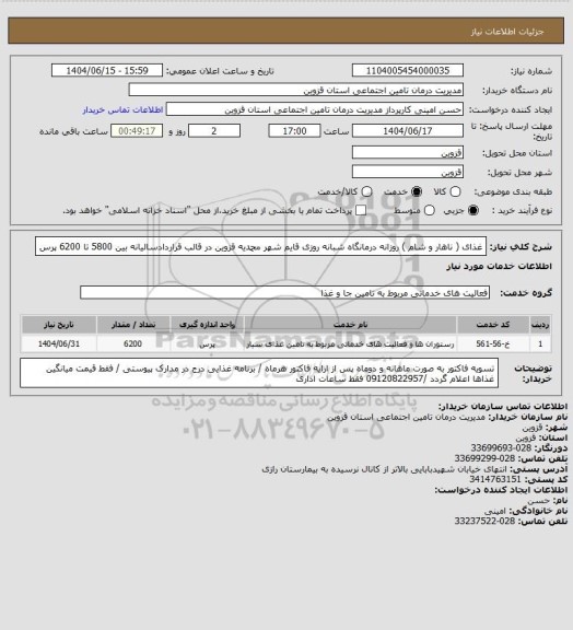 استعلام غذای ( ناهار و شام ) روزانه درمانگاه شبانه روزی قایم شهر محمدیه قزوین در قالب قراردادسالیانه بین 5800 تا 6200 پرس