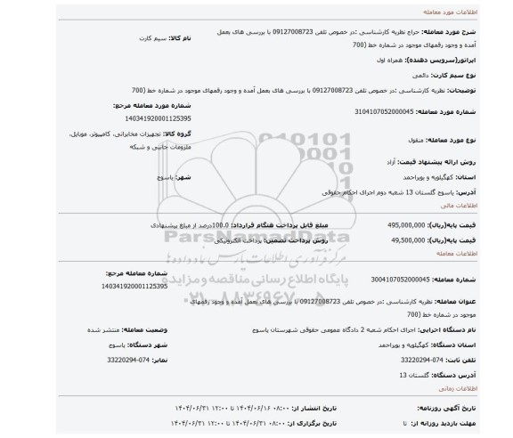 مزایده، نظریه کارشناسی :در خصوص تلفن 09127008723 با بررسی های بعمل آمده و وجود رقمهای موجود در شماره خط (700
