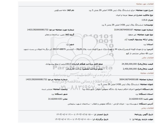 مزایده، ششدانگ پلاک ثبتی 1436 اصلی 29 بخش 3 یزد