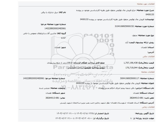 مزایده، فروش مال توقیفی منقول طبق نظریه کارشناسی موجود در پرونده 0400133
