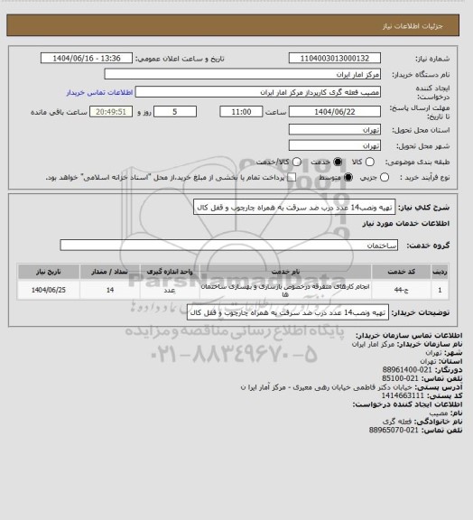 استعلام تهیه ونصب14 عدد درب ضد سرقت به همراه چارچوب و قفل کال