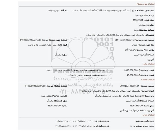 مزایده، یکدستگاه خودرو سواری پراید مدل 1389 رنگ خاکستری - نوک مدادی