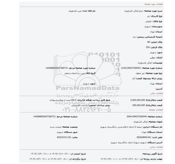 مزایده، اماکن کشاورزی