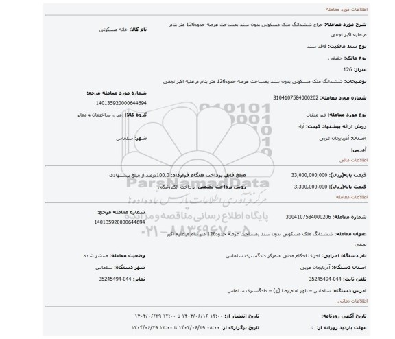 مزایده، ششدانگ ملک مسکونی بدون سند بمساحت عرصه حدود126 متر بنام م.علیه اکبر نجفی