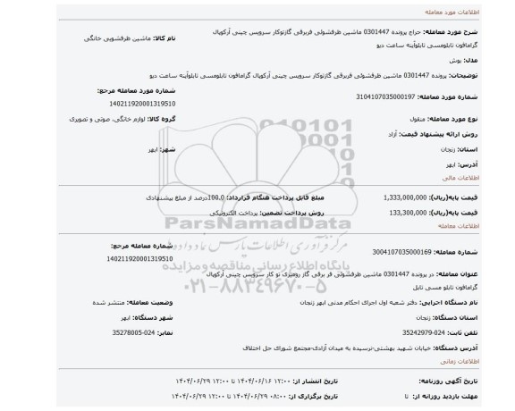 مزایده، پرونده 0301447 ماشین ظرفشوئی فربرقی گازتوکار سرویس چینی آرکوپال گرامافون تابلومسی تابلوآینه ساعت دیو
