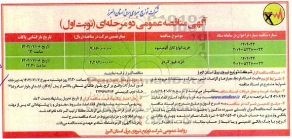 مناقصه خرید انواع کابل آلومینیوم...