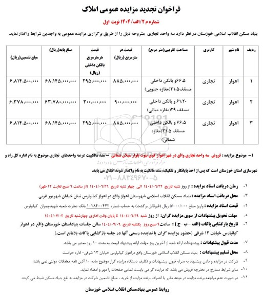 تجدید مزایده واگذاری  سه واحد تجاری