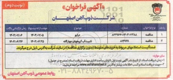 مناقصه درایو - تثبیت آب گروههای چهارگانه - نوبت دوم 