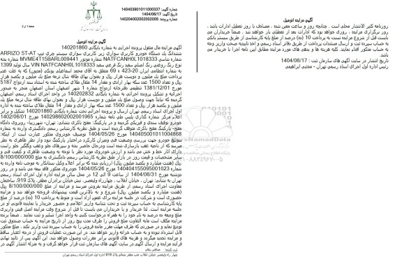 مزایده ششدانگ یک دستگاه خودرو کاربری سواری چری 