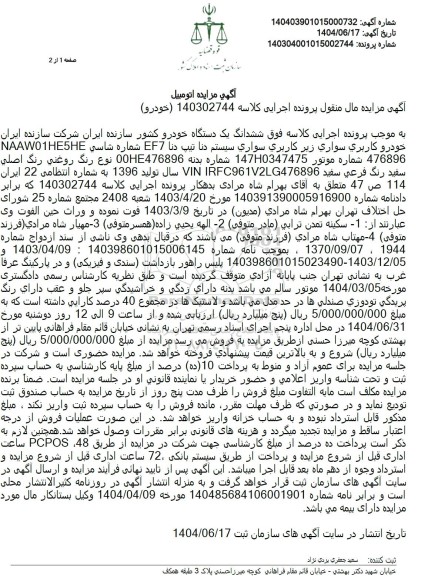 مزایده ششدانگ یک خودرو سواری سیستم دنا 