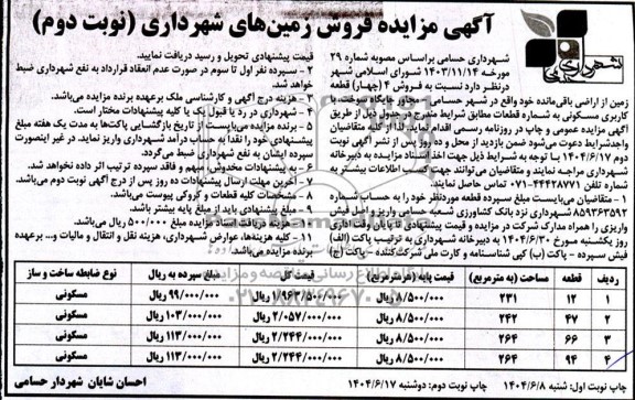 مزایده فروش 4 قطعه زمین از اراضی باقی مانده - نوبت دوم