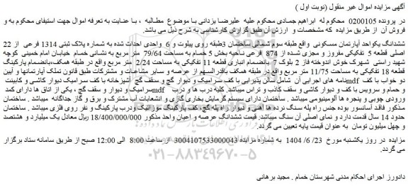 مزایده ششدانگ یکواحد آپارتمان مسکونی