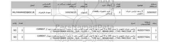 استعلام 2 ردیف ترانس جریان تابلویی