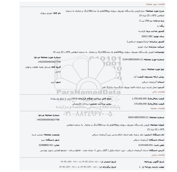 مزایده،  فروش یکدستگاه خودروی سواری پژو206هاچ بک مدل1382رنگ بژ متالیک  به شماره انتظامی 875 ن 22 ایران 15