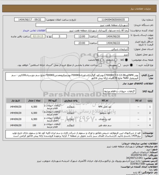 استعلام پودر NPKکود36-12-12(7000KG)-پودرکود گوگردکشاورزی7000KG-پودرمیکرومعدنی7000KG-مایع سم دورسبان100لیتر - سم فیپررونیل 80% مایع 100لیت- ارائه پیش فاکتور