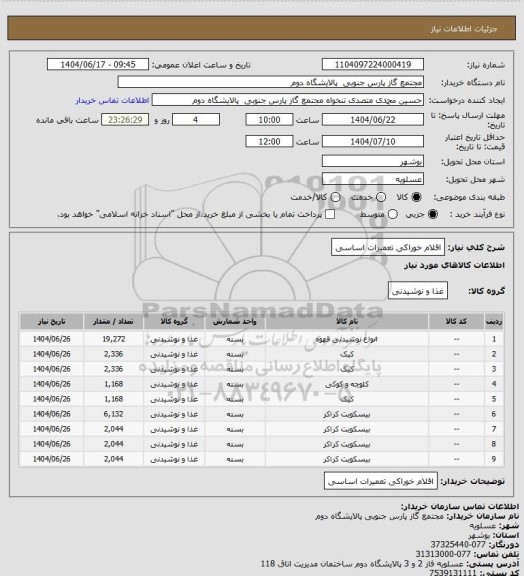 استعلام اقلام خوراکی تعمیرات اساسی
