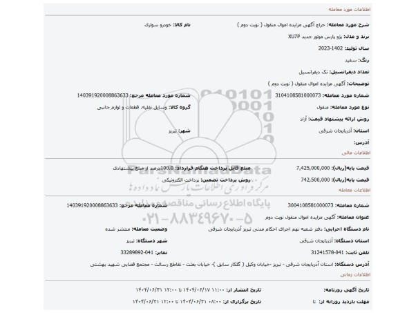 مزایده، آگهی مزایده اموال منقول ( نوبت دوم )