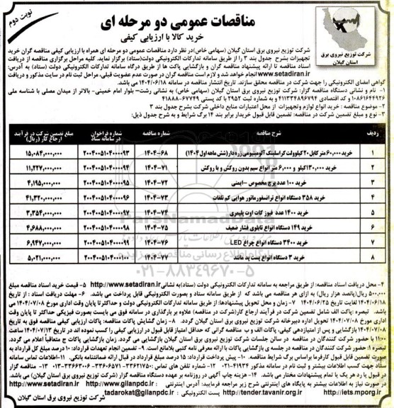 مناقصه عمومی خرید 60.000 متر کابل 20 کیلوولت کراسلینک آلومینومی زره دار...- نوبت دوم 