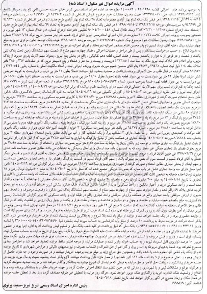 مزایده فروش مقدار چهارده سهم مشاع از شصت سهم ششدانگ زمین تحت پلاک ثبتی یکصد و شصت و دو فرعی از نه هزار و یکصد ...