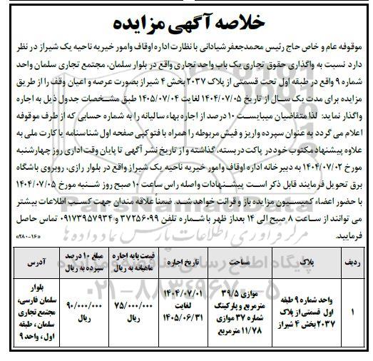 مزایده واگذاری حقوق تجاری یک باب واحد تجاری 